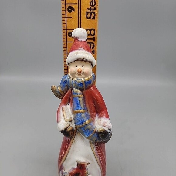 Christmas Winter Ceramic Snowman With A Cardinal Bird Glazed Shiny 8" - Picture 8 of 8